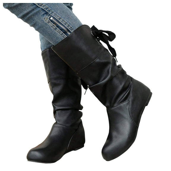 Slouchy Wide Mid Calf Boots for Women Bride Wedding Leather Suede Fashion Bow Lace up No Heel Tall Boots