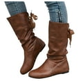 thumbnail image 1 of Slouchy Wide Mid Calf Boots for Women Bride Wedding Leather Suede Fashion Bow Lace up No Heel Tall Boots, 1 of 7