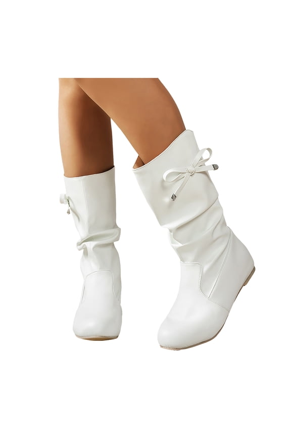 Slouchy Wide Mid Calf Boots for Women Bride Wedding Leather Suede Fashion Bow Lace up No Heel Tall Boots