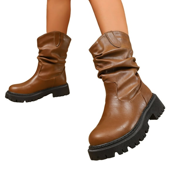 Slouchy Wide Mid Calf Boots for Women Fashion Leather Suede Round Toe Chunky Platform Pull on Middle Length Booties