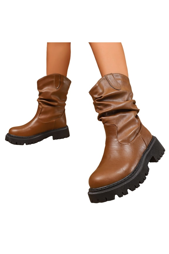 Slouchy Wide Mid Calf Boots for Women Fashion Leather Suede Round Toe Chunky Platform Pull on Middle Length Booties