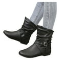 thumbnail image 1 of Slouchy Wide Mid Calf Boots for Women with No Heel Retro Comfy Leather Buckle Riding Work Booties, 1 of 7