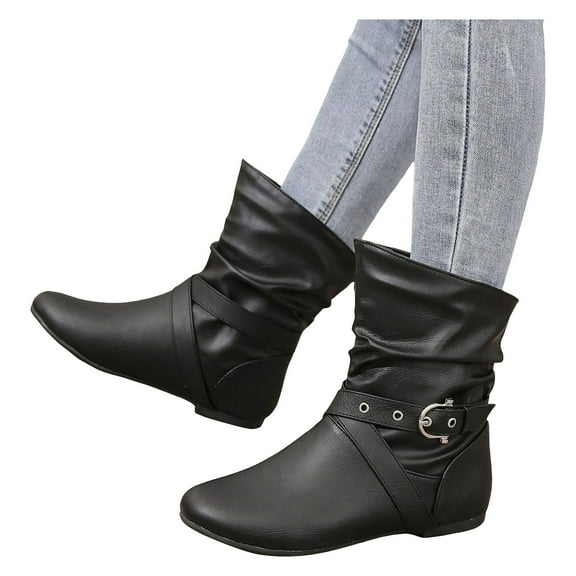 Slouchy Wide Mid Calf Boots for Women with No Heel Retro Comfy Leather Buckle Riding Work Booties