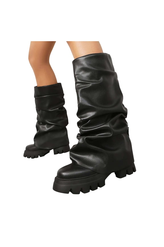 Slouchy Wide Mid Calf Fold Over Boots for Women 2025 Fashion Ruched Leather Platform Chunky Heel Tall Boots