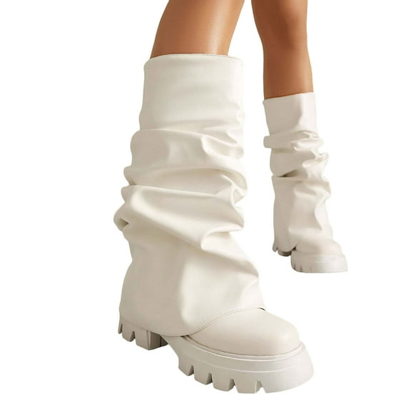 Slouchy Wide Mid Calf Fold Over Boots for Women 2025 Fashion Ruched Leather Platform Chunky Heel Tall Boots