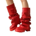thumbnail image 1 of Slouchy Wide Mid Calf Fold Over Boots for Women 2025 Fashion Ruched Leather Platform Chunky Heel Tall Boots, 1 of 5