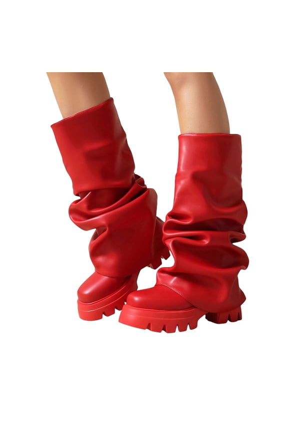 Slouchy Wide Mid Calf Fold Over Boots for Women 2025 Fashion Ruched Leather Platform Chunky Heel Tall Boots
