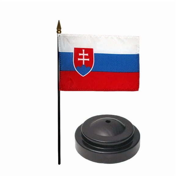 Slovakia Desk Flag with Base; American Made Rayon 4x6 inch Miniature Table Set Includes One Small Mini Country Stick Flags and One Black Stand (Slovakia Desk Flag and Base)