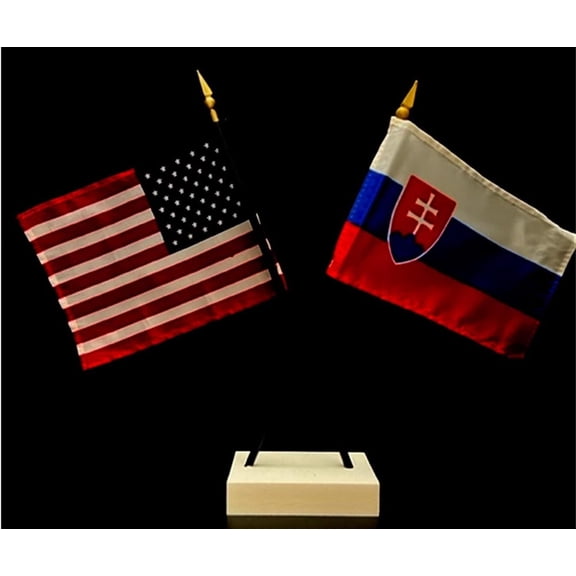 Slovakia Desk Flag Set; Contains One USA and One Country Flag with a White Crossed Base, American Made