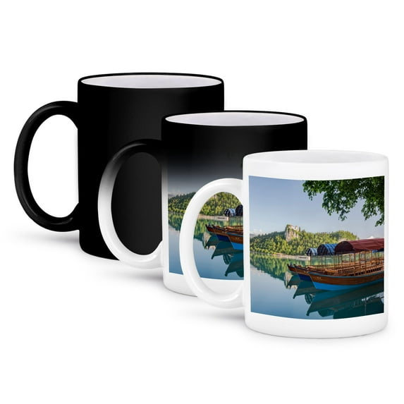 3drose, Slovenia, Bled, Lake Bled, Plenta Boats, 11oz Magic Transforming Mug
