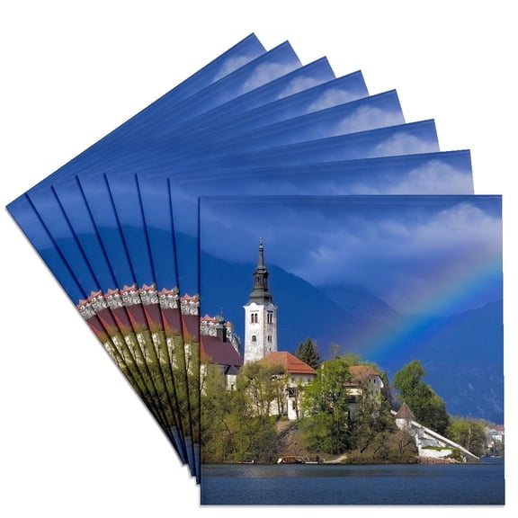 3drose, Slovenia, Lake Bled. Rainbow over Lake and Church., Set of 8 Ceramic Tile Coasters
