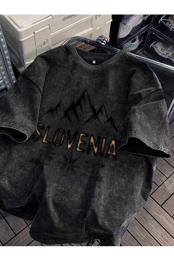 Slovenian Mountain View Compass Print Washed T-Shirt