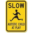 thumbnail image 1 of Slow Autistic Child at Play (with Kid Graphic), Engineer Grade Reflective Aluminum Sign, 8" X 12" inch, 1 of 1