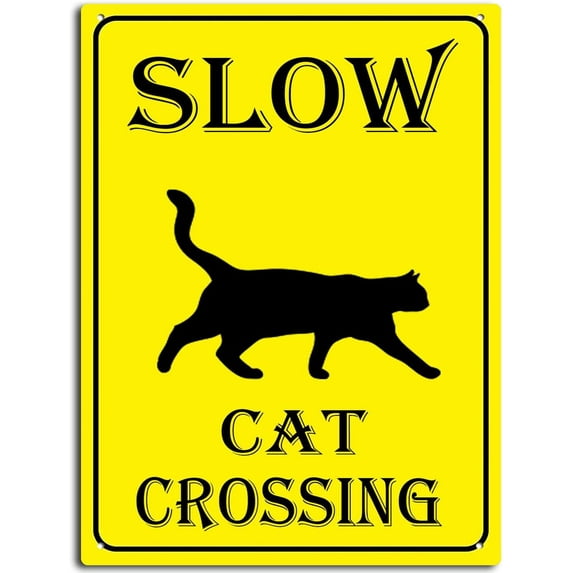 Slow Cat Crossing Sign Aluminum Black on Yellow Wall Decor for Home Cafes Office Pubs Club Indoor outdoor 6X8inch/Tin Sign