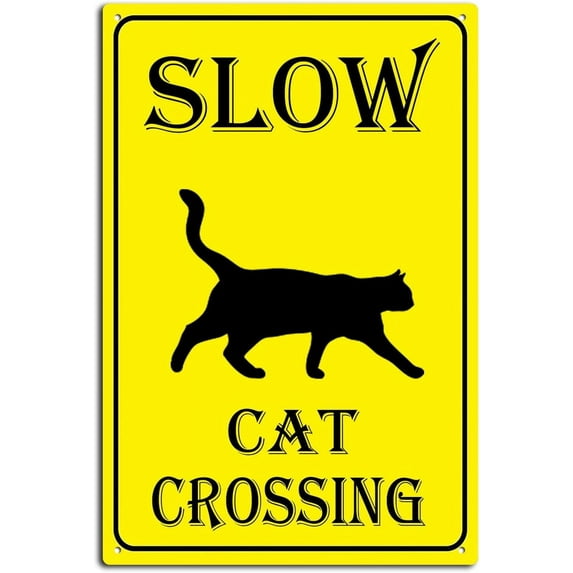 Slow Cat Crossing Sign Aluminum Black on Yellow Wall Decor for Home Cafes Office Pubs Club Indoor outdoor 6X8inch/Tin Sign