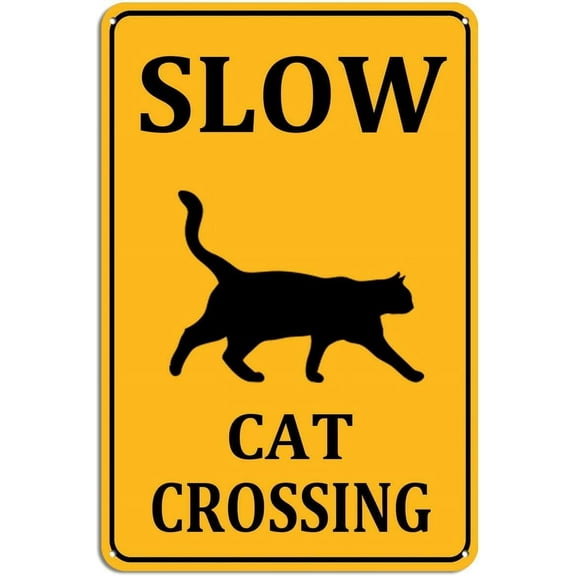 Slow Cat Crossing Sign Aluminum Black on Yellow Wall Decor for Home Cafes Office Pubs Club Indoor outdoor 8X12inch/Tin Sign