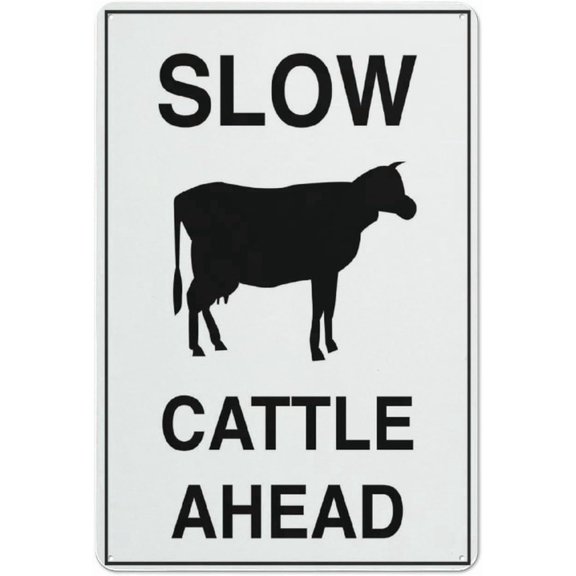 Slow Cattle Ahead White Reflective Aluminum Metal Signage - 8"x12", With Symbol, Weatherproof - Rural Road, Farm Area, Ranch, Countryside