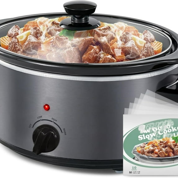 Slow Cooker, 3 Cooking Settings, Dishwasher Ceramic Crock, Lid, Free Pot Liners Included