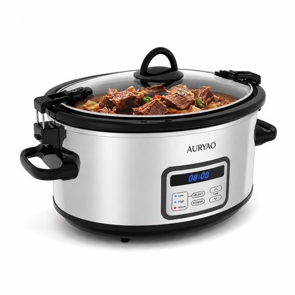 Slow Cooker 6 Quart Digital Programmable Oval with Locking Lid, Stainless Steel Exterior, Black