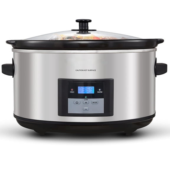 Slow Cooker, 8.5 Qt Programmable Electric Slow Cooker with Timer, Stainless Steel and Non-Toxic Removable Ceramic Pot, Dishwasher Safe, Large Capacity for 10+ Family & Party Meals-Silver