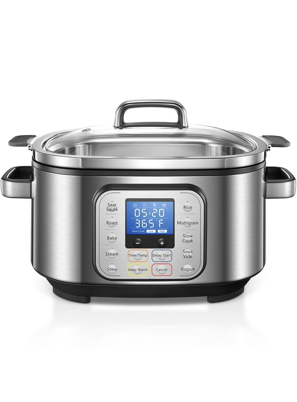 AICOOK Slow Cooker, 1500W 10 in 1 Programmable Multifuctional Cooker, 6.5Qt Non Stick Pot, Steaming Rack