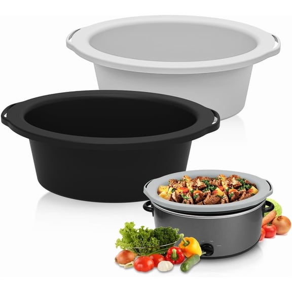 Slow Cooker Liners, 100% Silicone Reusable Crock Pot Insert Accessories for 6-8 Oval or Round Quart Slow Cookers, Food Safe & Dishwasher Safe (Black+Grey)