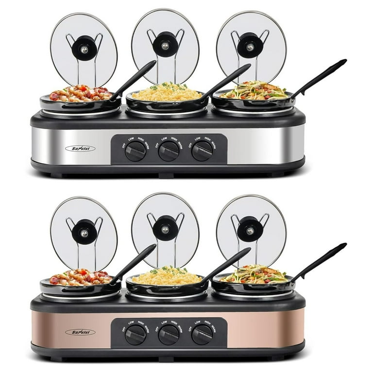 SUNVIVI Small Slow Cooker Triple Food Warmer Buffet Servers with 3 Ceramic  Pot 1.5 Quart Crock, Perfect for Parties, Entertaining & Holidays 