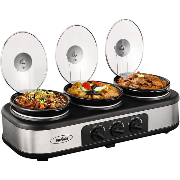 Slow Cooker, Triple Slow Cooker Buffet Server and Food Warmer, 3-Section 1.65L Upgraded Oval Ceramic Pot with Stainless Steel Lid Rests, 3 Spoons, Total 5L