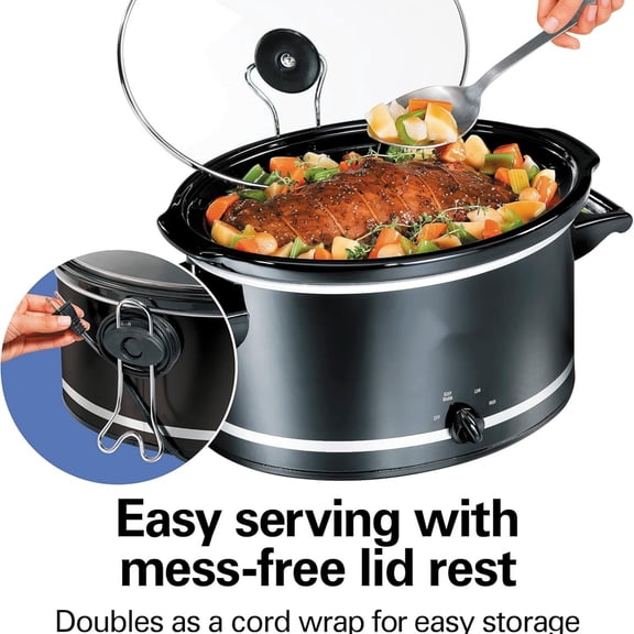 Slow Cooker with 3 Cooking Settings, Dishwasher- Stoneware Crock & Glass, 8-Quart Built-In Lid Rest