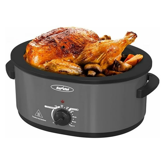 Slow Cooker with Self-Basting Lid, Electric Turkey Roaster Oven with Removable Pan and Rack, Stainless Steel, Grey, 8 QT