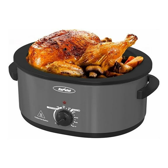 Slow Cooker with Self-Basting Lid, Electric Turkey Roaster Oven with Removable Pan and Rack, Stainless Steel, Grey, 8 QT