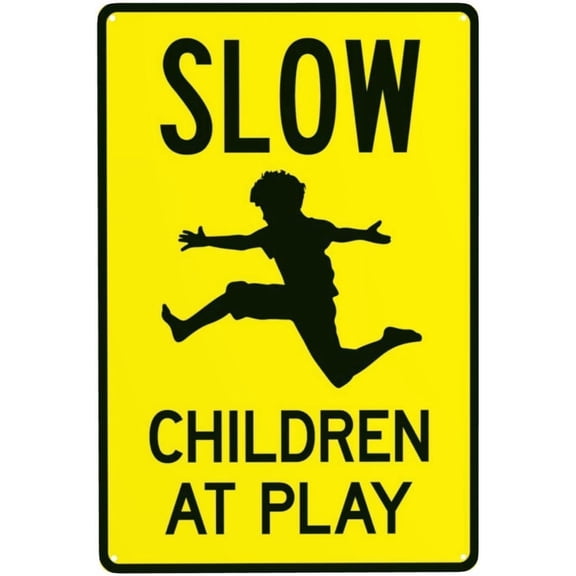 Slow Down At Play Retro Metal Tin Sign, Neighborhood Home Art Decor, Safety Warning Sign, 8x12 Inch