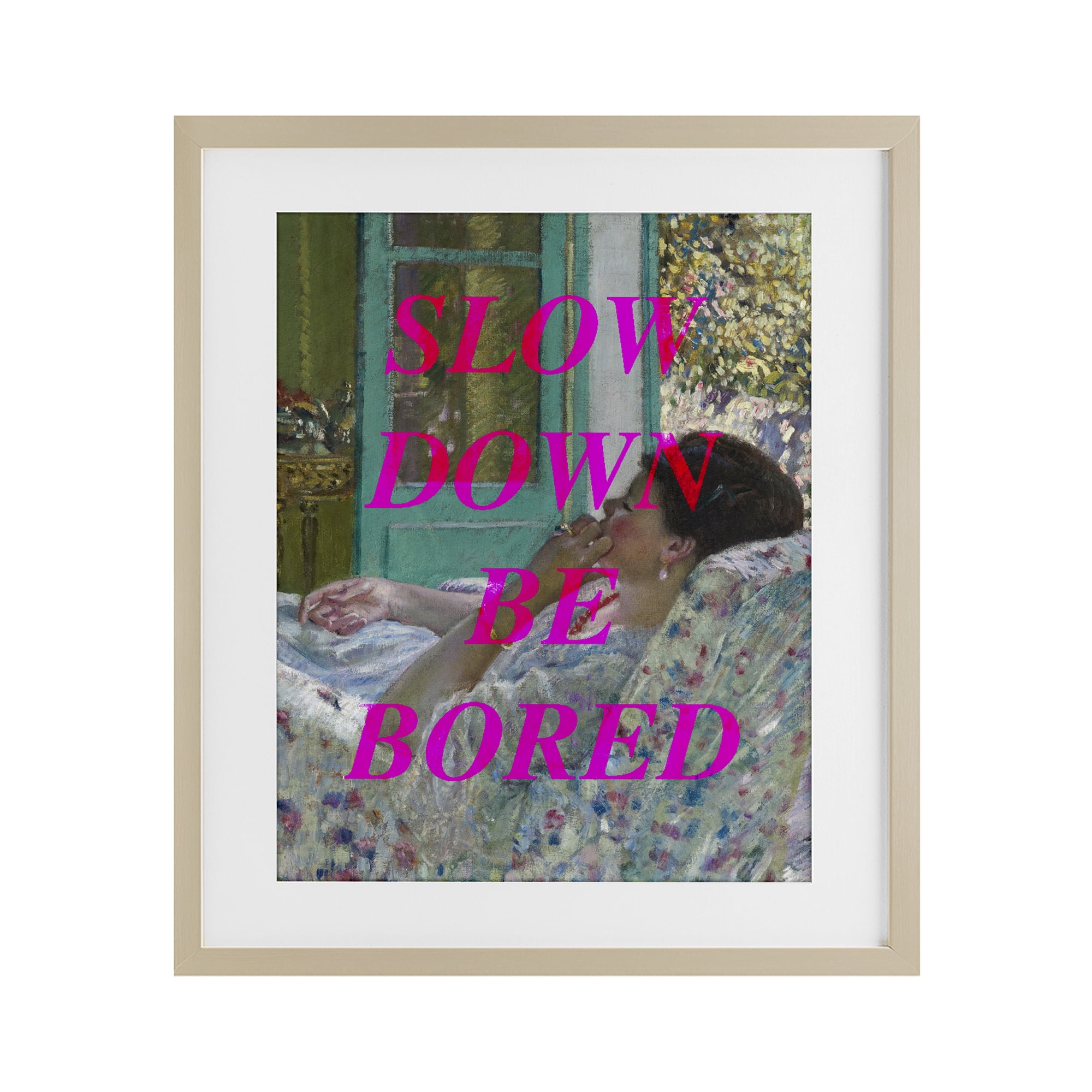 Slow Down Be Bored Classic Birch Framed Print Under Glass, design by Lil' Rue