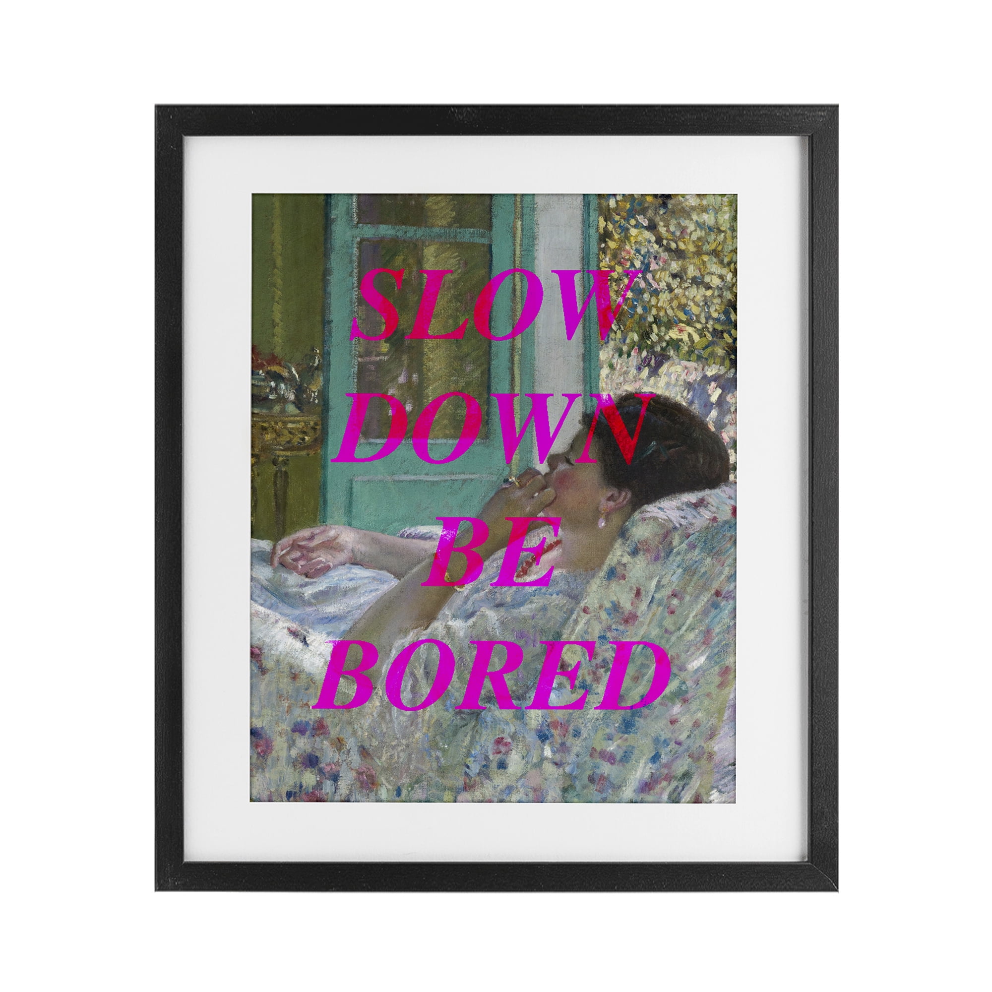 Slow Down Be Bored Classic Black Framed Print Under Glass, design by Lil' Rue