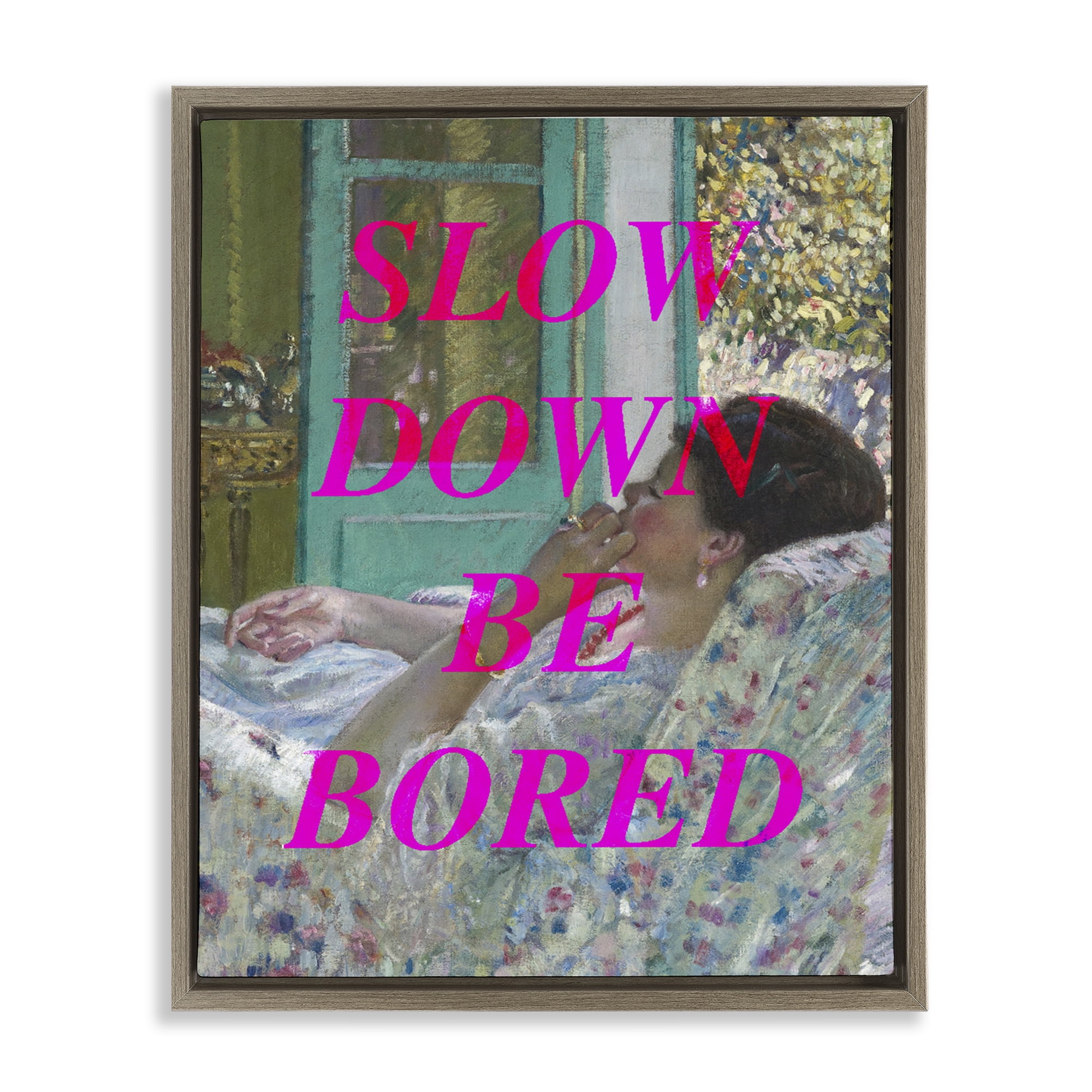 Slow Down Be Bored Classic Brown Framed Floater Canvas Wall Art, design by Lil' Rue