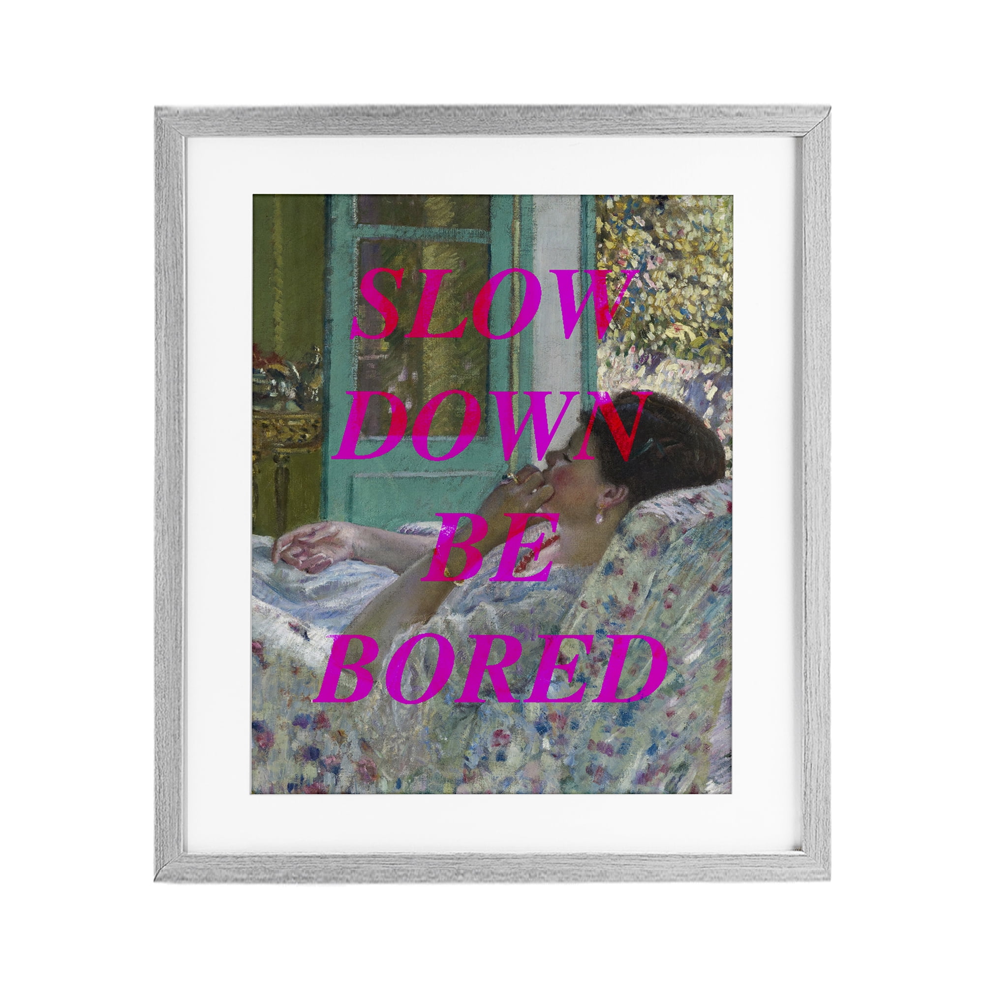Slow Down Be Bored Classic Gray Framed Print Under Glass, design by Lil' Rue