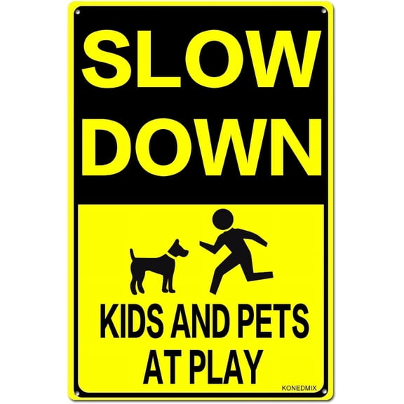 Slow Down KIDS AND PETS AT PLAY Metal Sign, 8 x 12 Inches Traffic Sign, Black and Yellow Safety Sign, Easy Mounting Outdoor Use