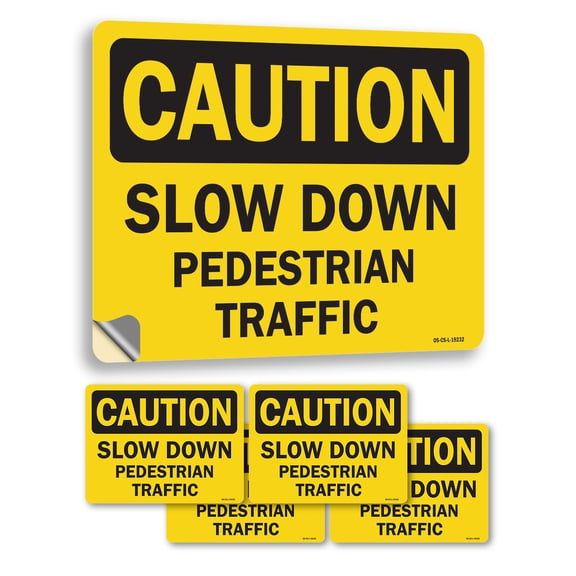 Slow Down Pedestrian Traffic OSHA Caution Vinyl Decal Label 5 Inch x 3.5 Inch - 5 Pack