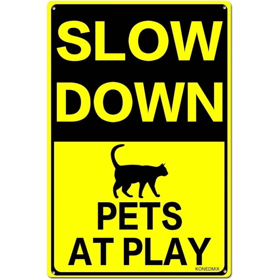 Slow Down Pets At Play Metal Sign, Black Yellow Traffic Safety Plaque, Easy Mount Outdoor Pet Sign, 8x12 Inch