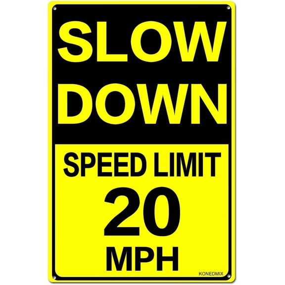 Slow Down Speed Limit 20 MPH Metal Sign, 12 x 16 Inches Traffic Sign, Black and Yellow Safety Sign, Easy Mounting Outdoor Use