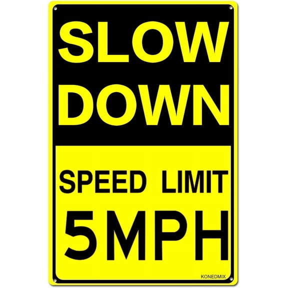 Slow Down Speed Limit 5 MPH Metal Traffic Sign, 8 x 12 Inch Black and Yellow Safety Street Sign, Easy Mounting for Outdoor Use