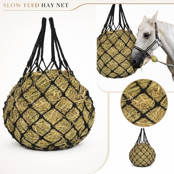Slow Feed Hay Net for Horses, Heavy Duty Braided Rope Hay Bag for Cattle Goat Sheep Alpaca, Large Capacity Equestrian Feeding Netting for Stall Trailer Pasture, Livestock Feeding Supply