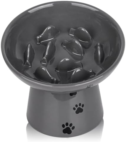 Slow Feeder Cat Bowl, Ceramic Cat Slow Feeder Bowl, 6 Inches, Elevated, Anti Vomiting for Dry and Wet Food, Gray