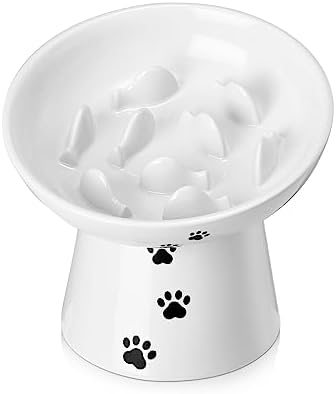 Slow Feeder Cat Bowl, Ceramic Cat Slow Feeder Bowl, 6 Inches, Elevated, Anti Vomiting for Dry and Wet Food, White