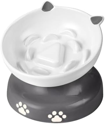 Slow Feeder Cat Bowl, Ceramic Elevated Cat Bowl Tilted Design Slow Feeder for Dog and Cat for Dry and Wet Food, Gray