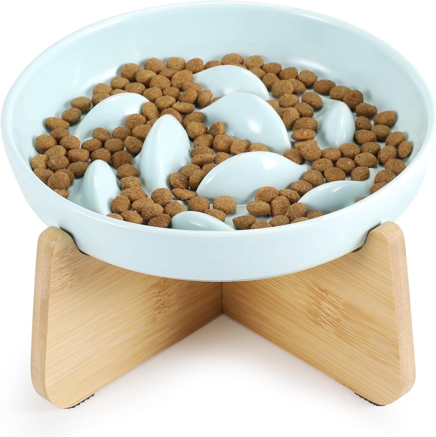 Slow Feeder Cat Bowl with Stand, Ceramic Slow Eating Cat Bowl with Higher Edges Fish Pool Design Elevated Cats Food Bowls for Dry and Wet Food Anti-Vomiting Puzzle Feeder for Healthy Eating Diet