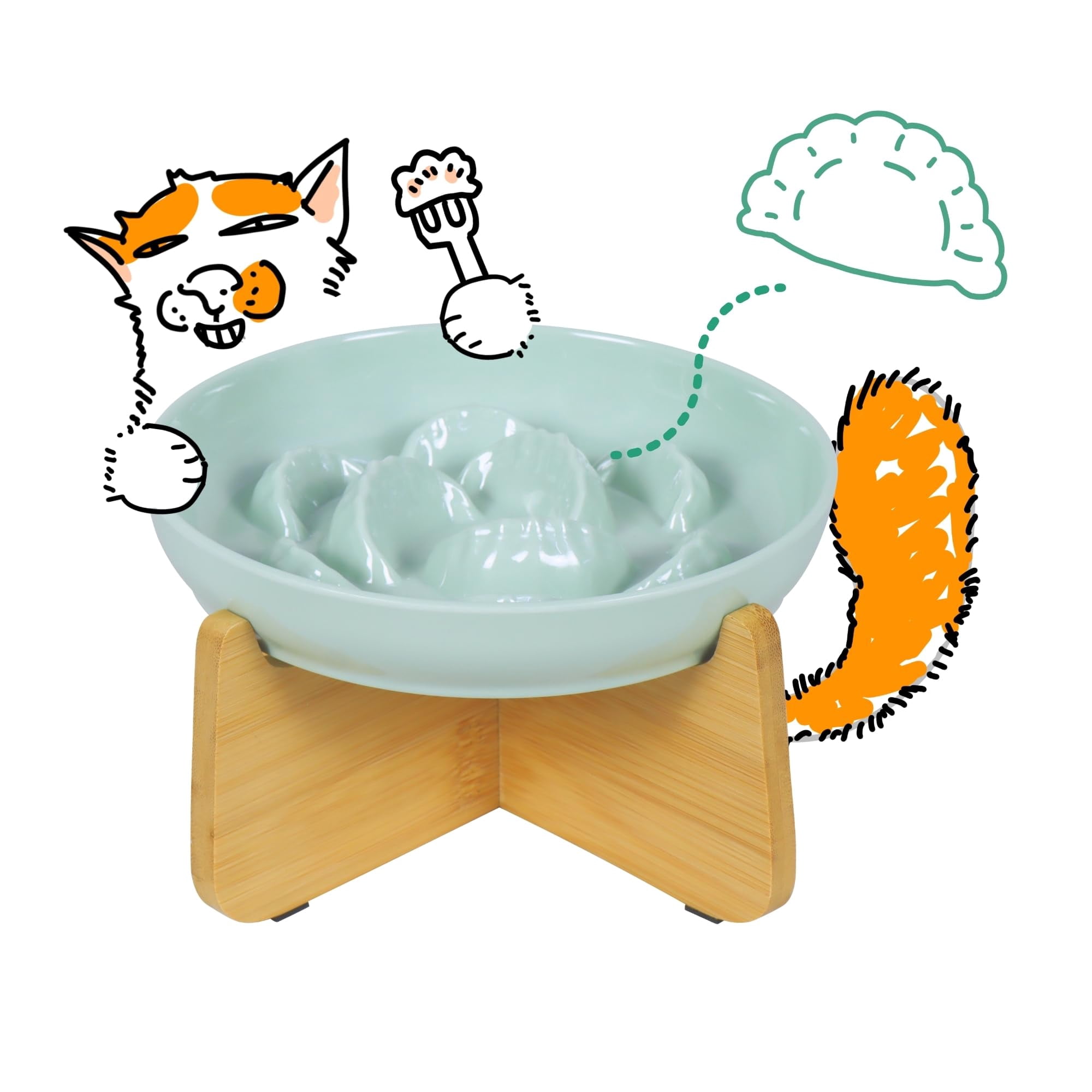 Slow Feeder Cat Bowl with Stand - Unbreakable Elevated Slow Feeder Bowl for Cats - Melamine Puzzle Raised Cat Food Bowl - Whisker Friendly & Wet & Dry Food- Dishwasher Safe & Non Slip (Green