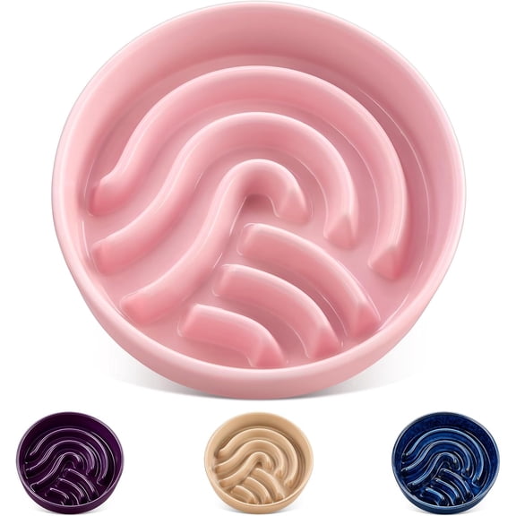 Slow Feeder Dog Bowl, 1.5 Cup Ceramic Slow Feeding Food Dish for Small and Medium Breed, Puzzle Dog Food Bowl for Fast Eater, Pink
