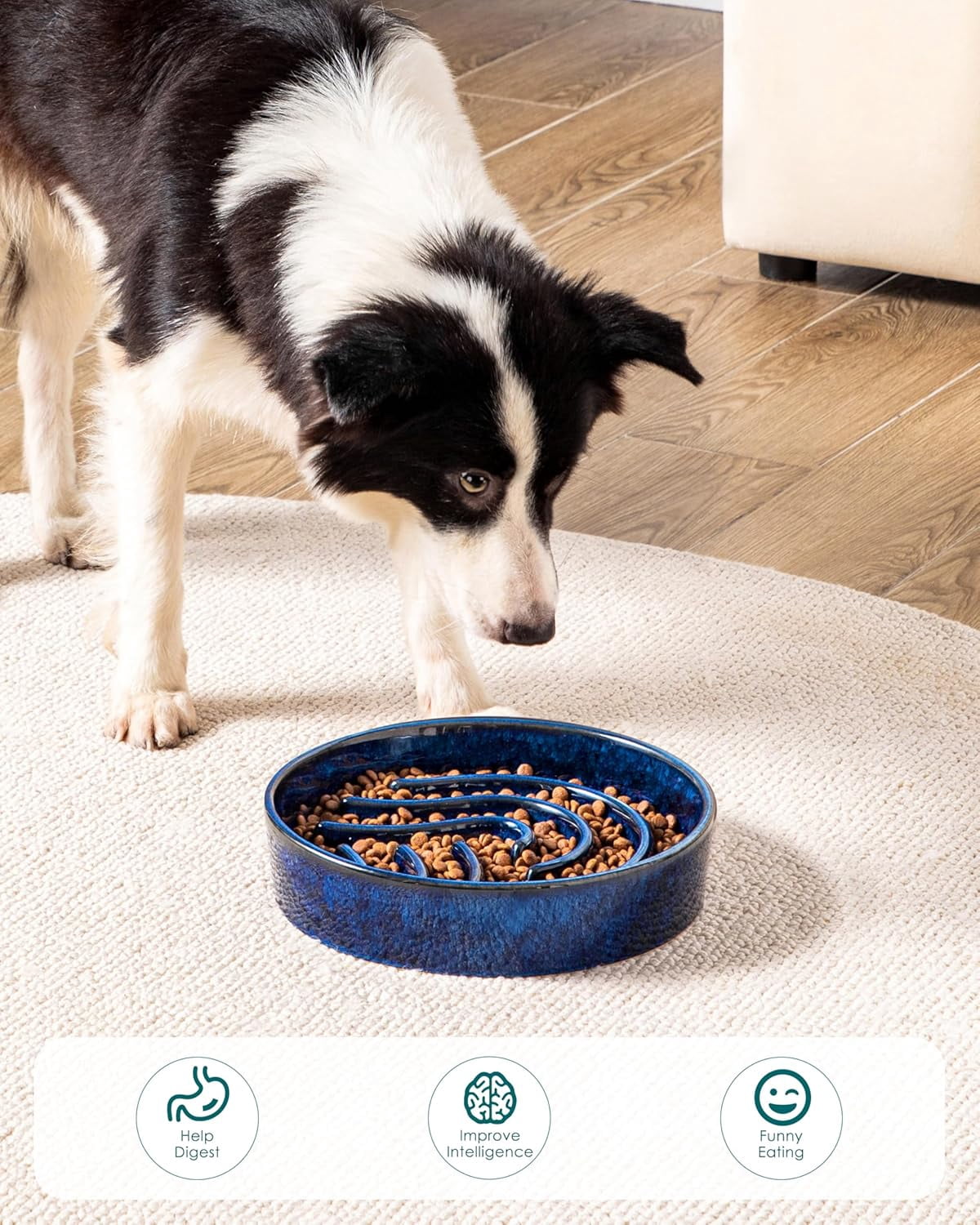 Slow Feeder Dog Bowl, 3 Cup Ceramic Slow Feeding Food Dish for Large Breed, Puzzle Dog Food Bowl for Fast Eater, Blue