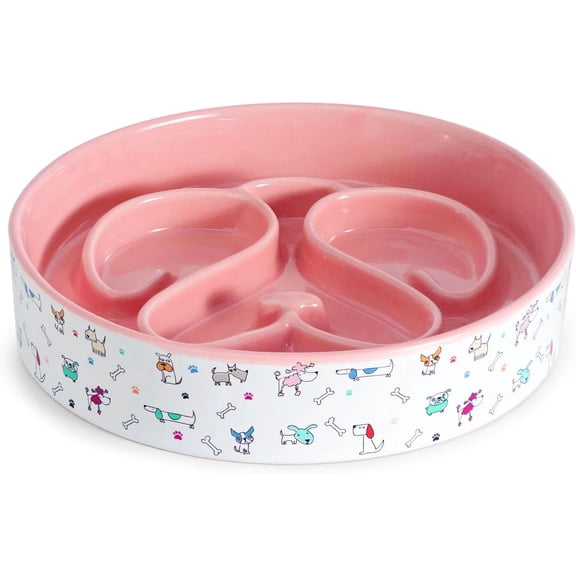 Slow Feeder Dog Bowl, Ceramic Dog Bowls 1.5 Cup Puzzle Feeder - Stops Fast Eating, Prevents Bloat, Choking & Black Chin for Medium/Large Dogs, Pink